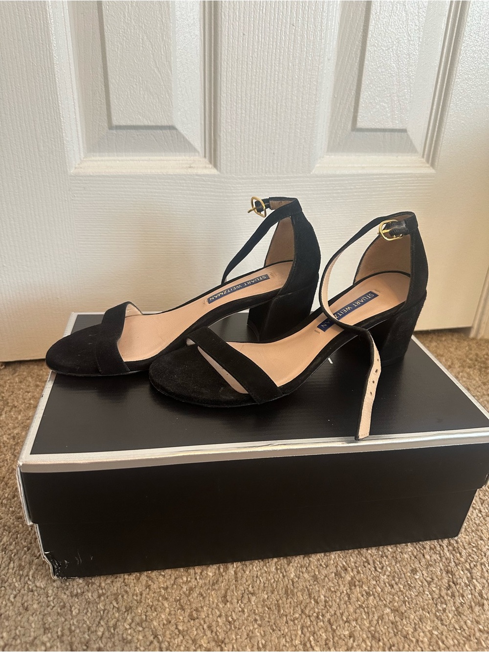Stuart Weiztman Black Suede Ankle-Strap Block Heel Sandals - Women
